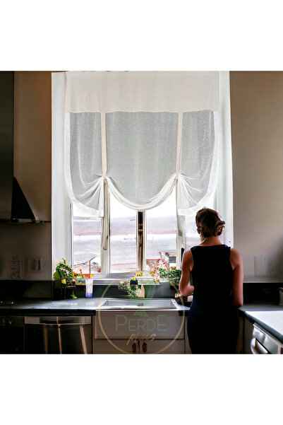 Perdeplus Natural Linen Tulle Curtain Retro Tie Detailed Design (Rustic and Cornice Matching Curtain)