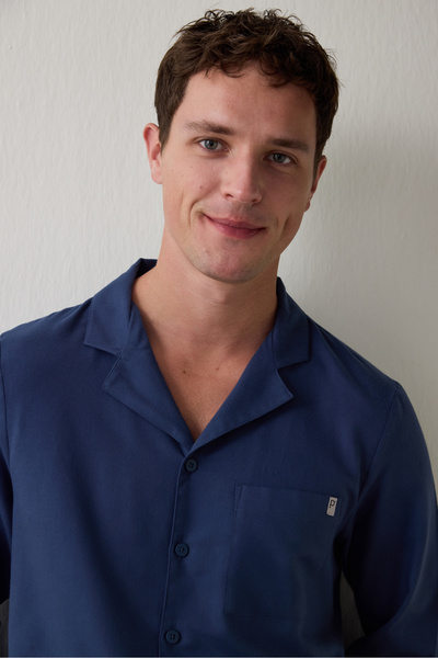 Penti Indigo Melange Men's Button down Shirt Pants Pajama Set