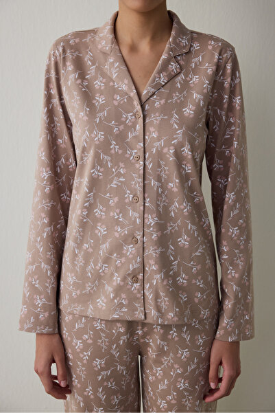 Penti Beige Flower Time Shirt Collar Cotton Long Sleeve Pajama Set