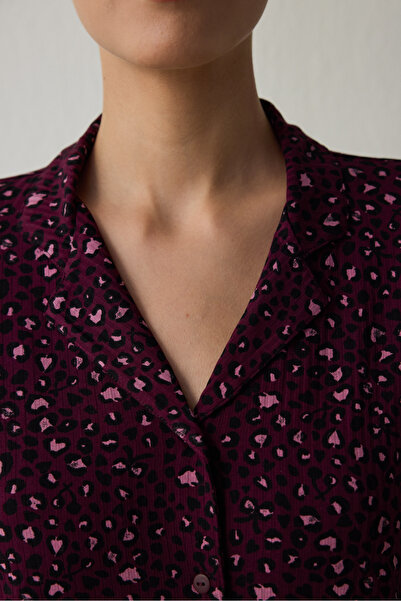Penti Burgundy Leopard Print Ribbed Shirt Collar Long Sleeve Pajama Set
