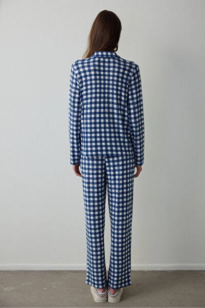 Penti Navy Blue Plaid Shirt Collar Thermal Effect Pajama Set