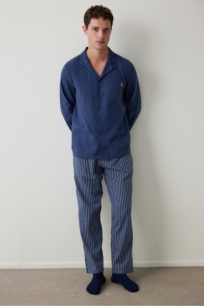 Penti Indigo Melange Men's Button down Shirt Pants Pajama Set