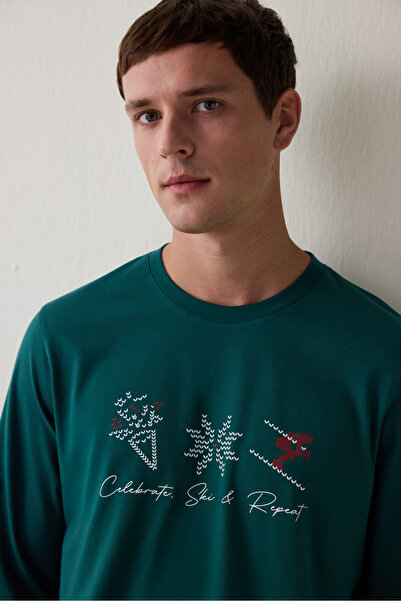 Penti Πράσινο ανδρικό σετ πιτζάμες από βαμβακερό καρό με λαιμόκοψη