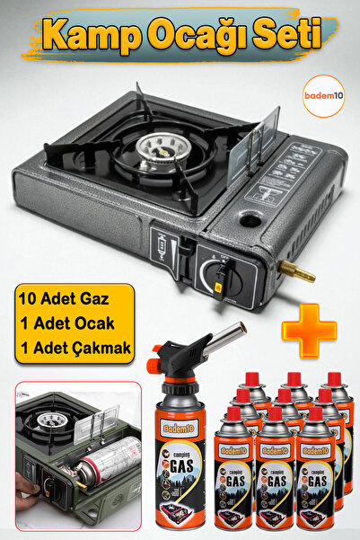 Badem10 10'lu Gaz Taşınabilir Portatif Kamp Ocağı Tekli Tek Gözlü Gri Renk Ka...