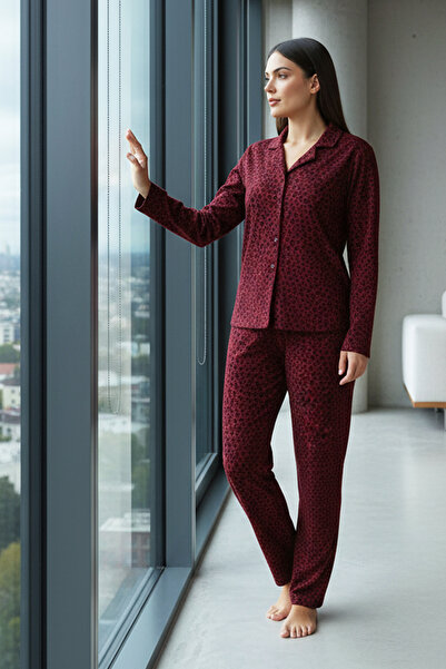 Bravie طقم بيجامة نسائي فاخر بنقشة الفهد مقاس كبير – 3002 أحمر داكن