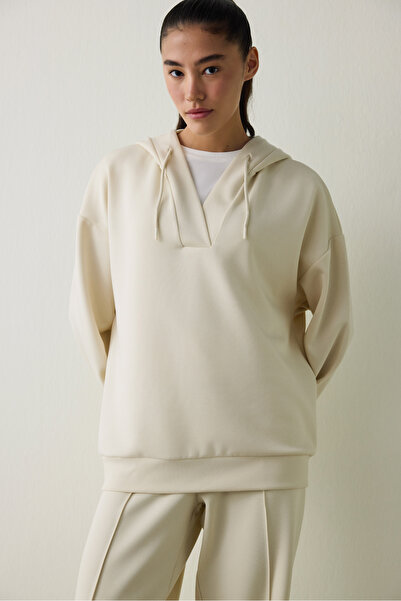 Penti Beige Silky Feel Oversize V-Neck Hooded Sweatshirt