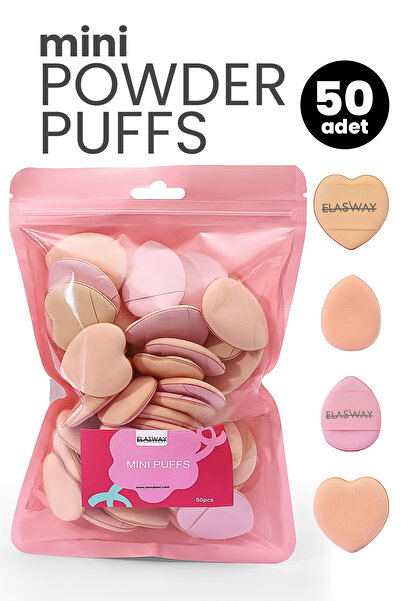 Elasway 50’li Mini Pudra Pufu Makyaj Süngeri Seti – Kalp & Damla, Düz ve Parmak Bantlı, Islak/Kuru Kullanım