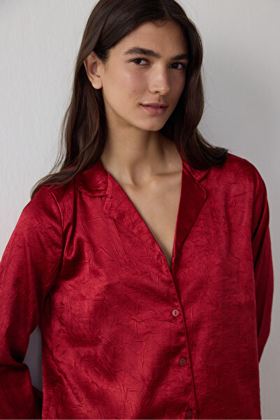 Penti Red Satin Shirt Collar Long Sleeve Pajama Set