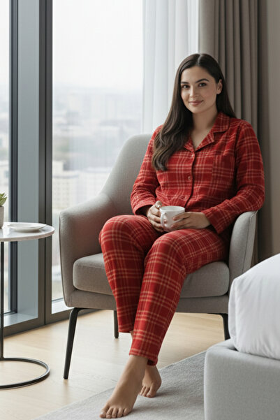 Bravie Luxury Soft Red Plaid Pattern Long Sleeve Women's Pajama Set – Plus Size 3018