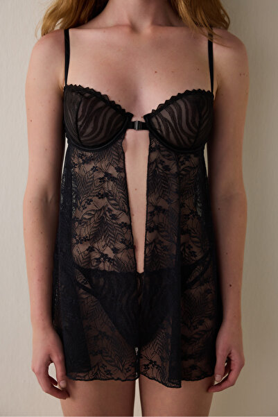 Penti Black Floral Patterned Front Opening Underwire Babydoll