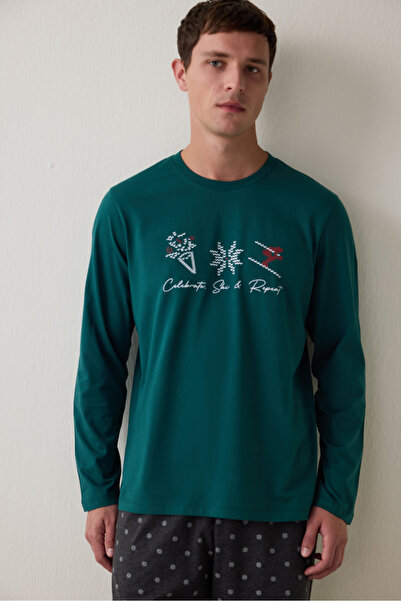 Penti Πράσινο ανδρικό σετ πιτζάμες από βαμβακερό καρό με λαιμόκοψη