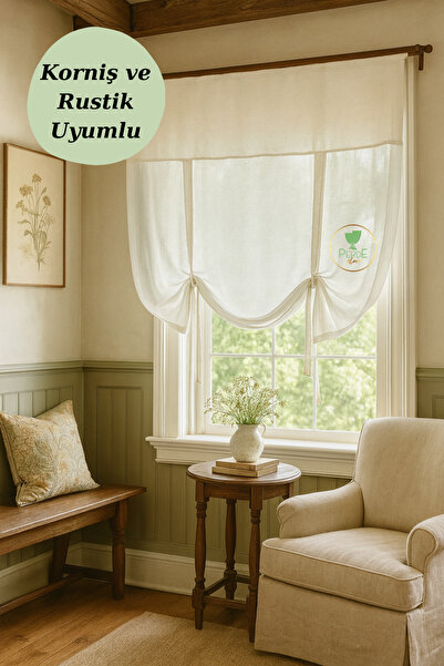 Perdeplus Natural Linen Tulle Curtain Retro Tie Detailed Design (Rustic and Cornice Matching Curtain)