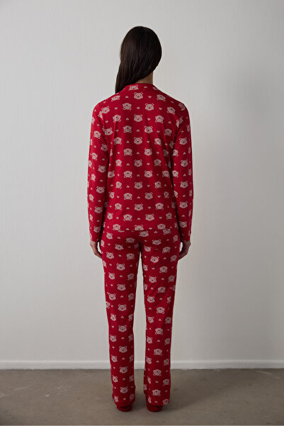 Penti Red Bear Pattern Shirt Collar Long Sleeve Cotton Pajama Set