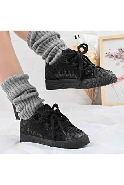 Tmall Pantofi sport pentru femei, din piele ecologică, cu strasuri, D1395, negri