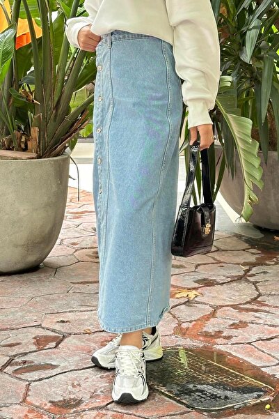 lamelif Fusta din denim cu nasturi, albastru gheață