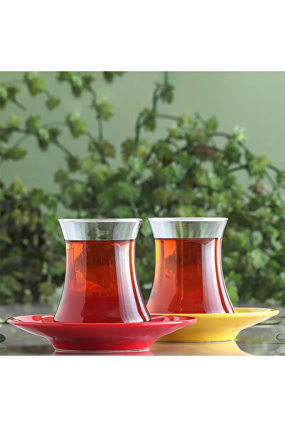 LAV Lal Cam Çay Seti 6 Kişilik 170 ml Renkli Tabaklı (6 Çay Bardağı, 6 Çay Ta...