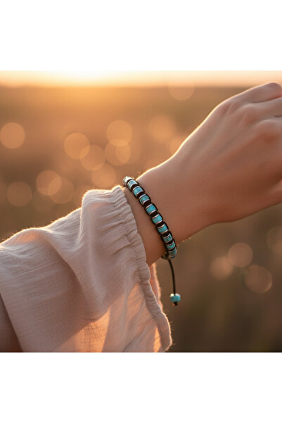 SUMRA سوار من الحجر الطبيعي المعتمد من الماكرومي باللون الفيروزي والهيماتيت S...