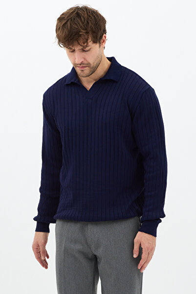 Tarz Cool Navy Blue Men's Polo Neck Ribbed Knitwear Sweater