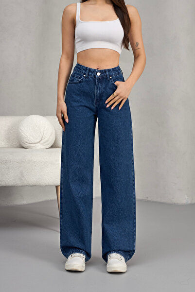 alanora بنطال جينز نسائي باللون الأزرق الداكن عالي الخصر وواسع الساق