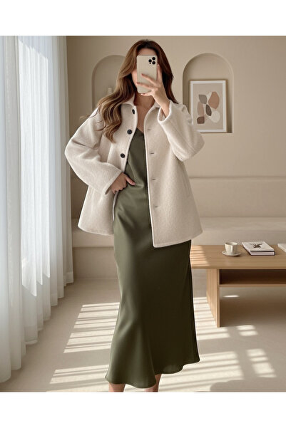 Modamorfo Double pocketed, buttoned front lined boucle coat - ecru