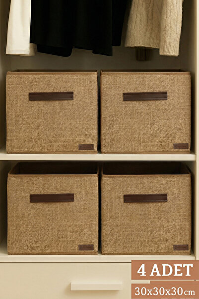 PH Prendi Home 4’lü Jüt Kumaş Dolap İçi Düzenleyici Kutu - 30x30x30 cm Katlanabilir Çok Amaçlı Saklama Kutusu