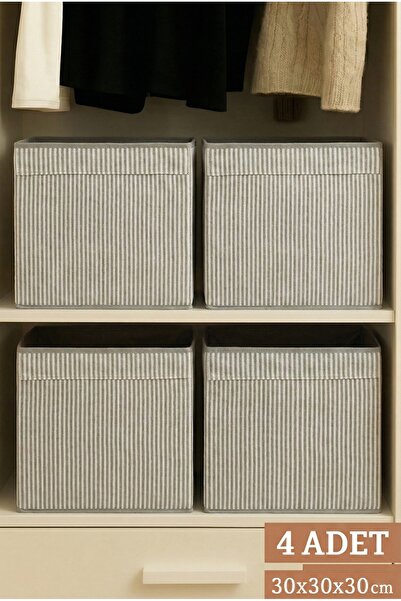 PH Prendi Home 4’lü Gri Çizgili Kumaş Dolap İçi Düzenleyici Kutu - 30x30x30 c...