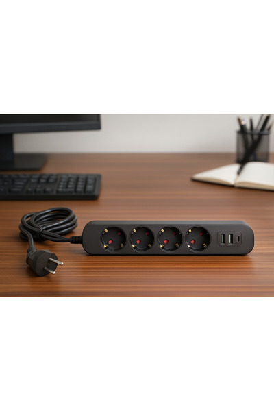 Genel Markalar Termal Akım Korumalı Usb Ve Type C 2.1a Şarj Çıkışlı 10a 2500w 4'lü Uzatma Grup Priz Siyah 3402