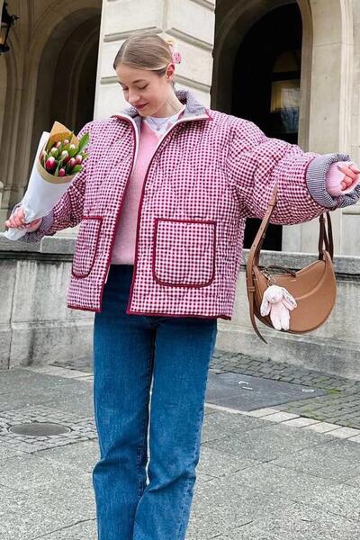 Madmext Red Gingham Women's Coat with Pockets Mg2488