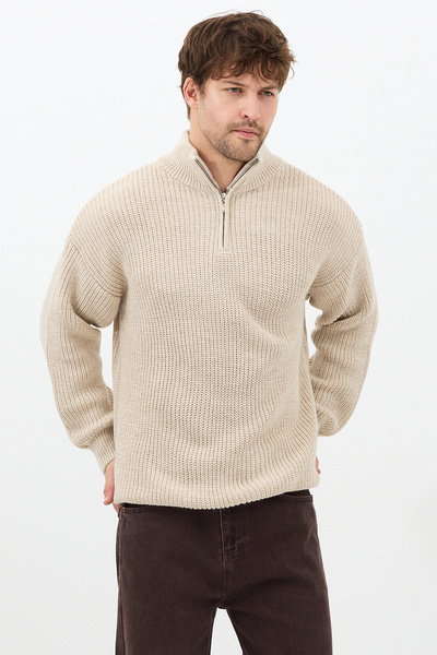 Tarz Cool Mink Men's Oversize Zippered Fisherman Knitwear Sweater