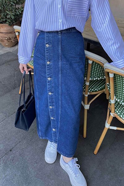 lamelif Buttoned Denim Skirt Blue