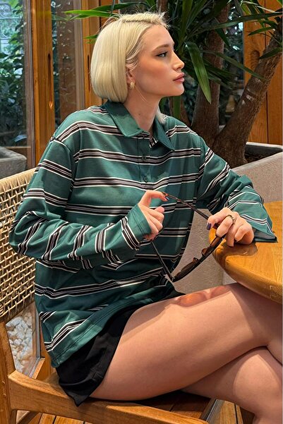 Madmext Πράσινο ριγέ με κουμπιά πόλο γυναικείο μακρυμάνικο μπλουζάκι MG2574