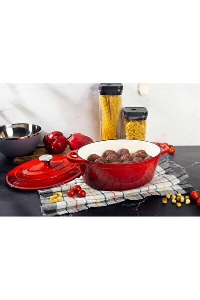 Magic Home Oală emailată din fontă cu capac, mâner din oțel inoxidabil, roșie, 4,4 L,