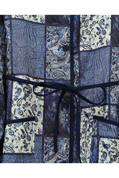 Modamorfo Ethnic Pattern Jacket with Folded Sleeves and Lace-Up Waist - Indigo