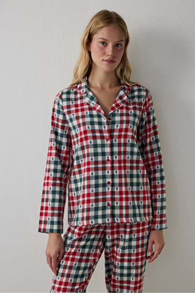 Penti Red Plaid Shirt Collar New Year Cotton Pajama Set