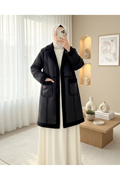 Modamorfo İçi Peluşlu Çıtçıtlı Cepli Deri Mont -Siyah