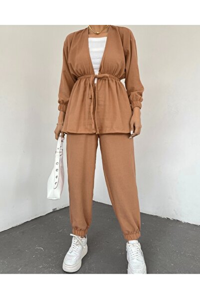 Modamorfo Elastic Double Linen Set with Tie Waist - Tan