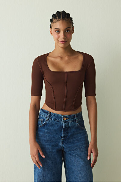 Penti Cappuccino Seamless Square Neck Short Sleeve Crop T-Shirt