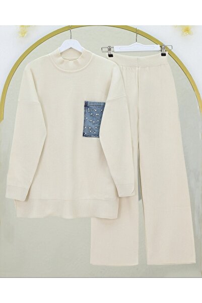 Modamorfo Single Pocket Pearl Knitwear Set - Cream