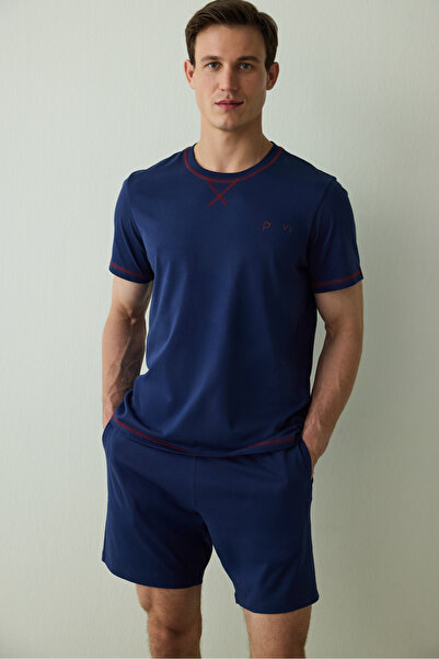 Penti Indigo Men's Navy Star Crew Neck Cotton Shorts Pajama Set