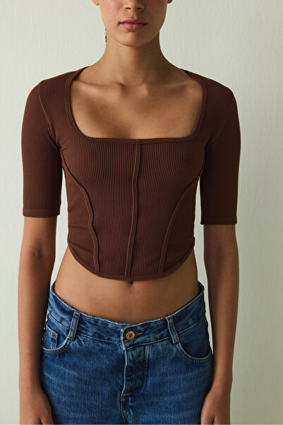 Penti Cappuccino Seamless Square Neck Short Sleeve Crop T-Shirt