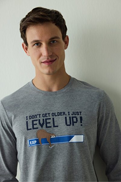 Penti Men's Level Slogan Printed Crew Neck Long Sleeve Pajama Set