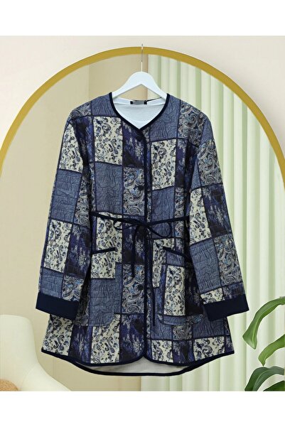 Modamorfo Ethnic Pattern Jacket with Folded Sleeves and Lace-Up Waist - Indigo