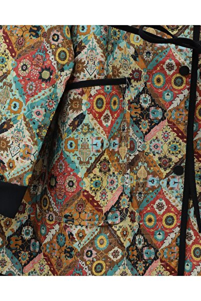 Modamorfo Ethnic Pattern Jacket with Folded Sleeves and Lace-Up Waist - Çağla Y.