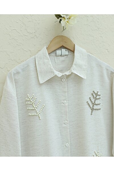 Modamorfo Leaf Motif Pearl Linen Shirt - Stone