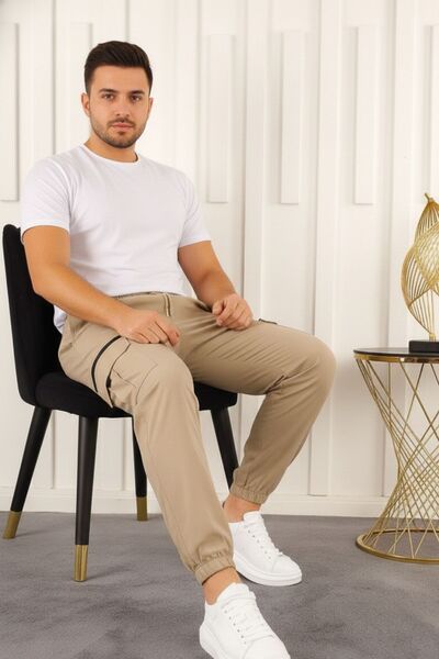 comstar Men's Cargo Pocket Zipper Detailed Jogger Cream Parachute Pants