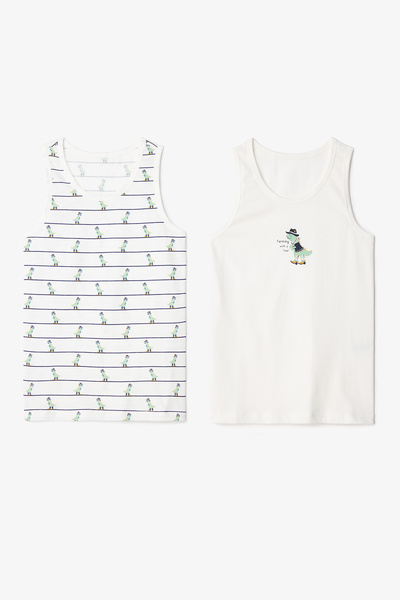 Penti White Boy's Dino Farm Dinosaur Printed Cotton 2-Piece Undershirt