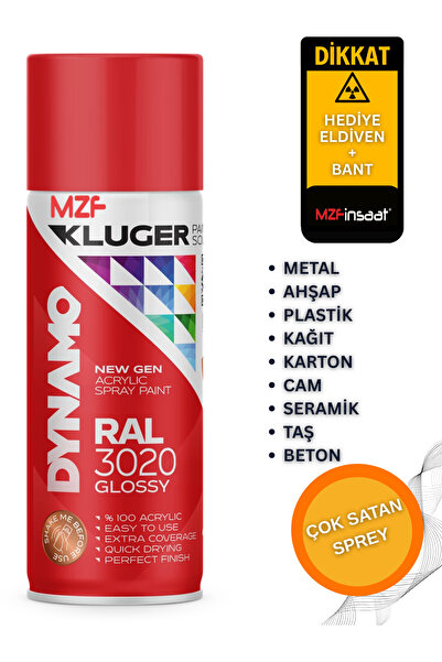 MZF KLUGER SPREY BOYA AHŞAP-METAL-PLASTİK- RÜTUŞ- BOYASI Ral 3020 Parlak Bayrak Kırmızı