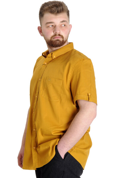 ModeXL Mode Xl Large Size Men's Shirt Gabardine Short Sleeve Single Pocket 23302 Mustard