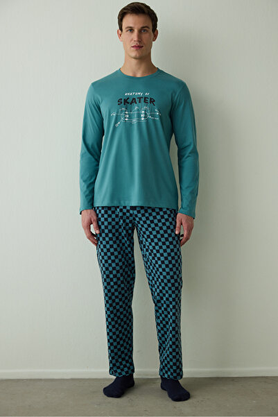 Penti Σετ ανδρικών πιτζάμες από βαμβακερό λαιμόκοψη με στάμπα με στάμπα Skater Slogan