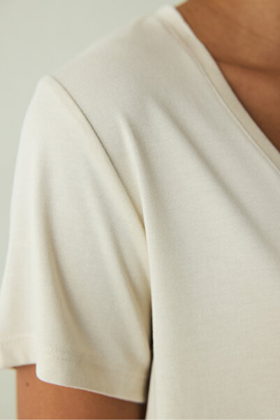 Penti Beige V-Neck Short Sleeve Modal T-Shirt